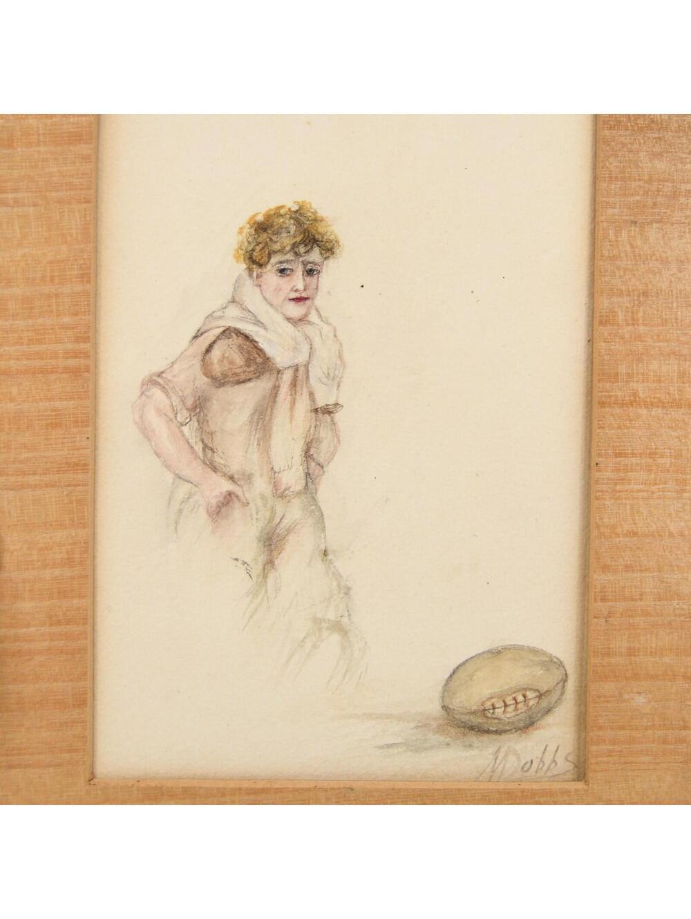 Antique c. 1900s Belle Époque Watercolor Sketch Portrait Man Football Sports 8"